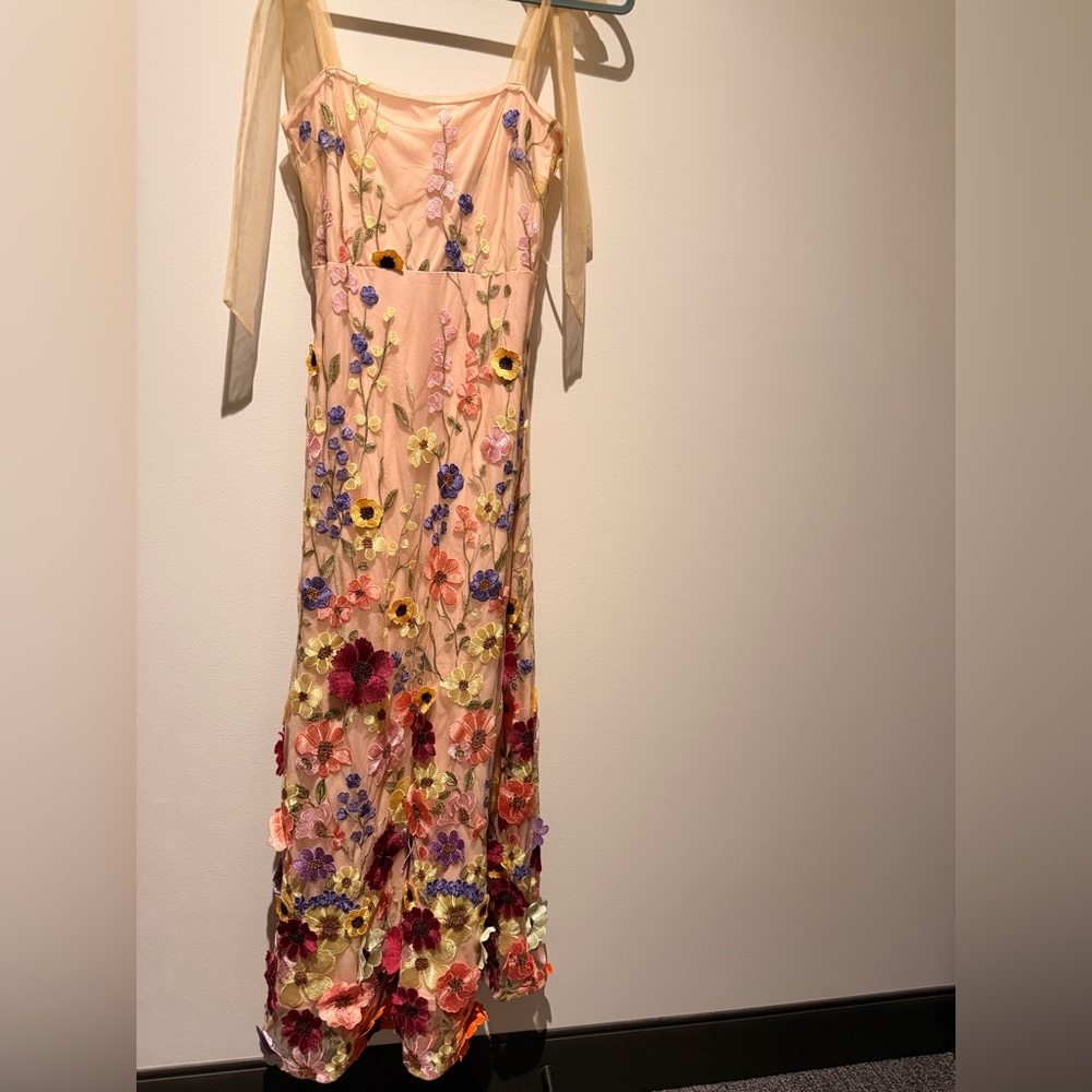 Lulus Thriving Poise Blush 3D Floral Embroidered Tie-Strap Maxi Dress - Large